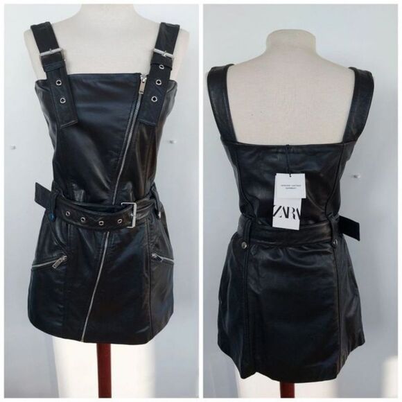 NWT LEATHER ZARA 100% SHEEP LEATHER GENUINE PURE LEATHER MOTO DRESS ZARA - Picture 2 of 15